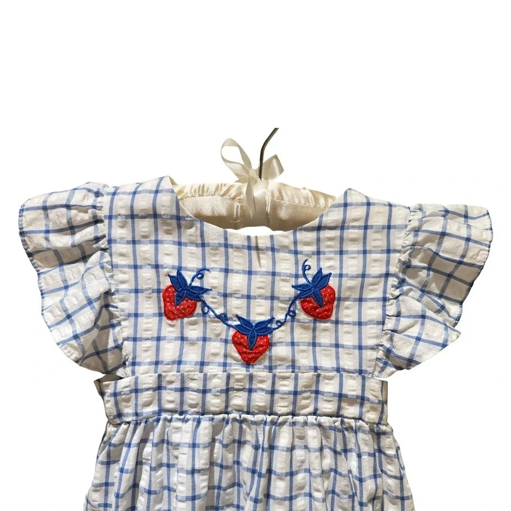 Vintage Girls 4T Strawberry Embroidered Blue Check Seersucker  Dress 4th of July